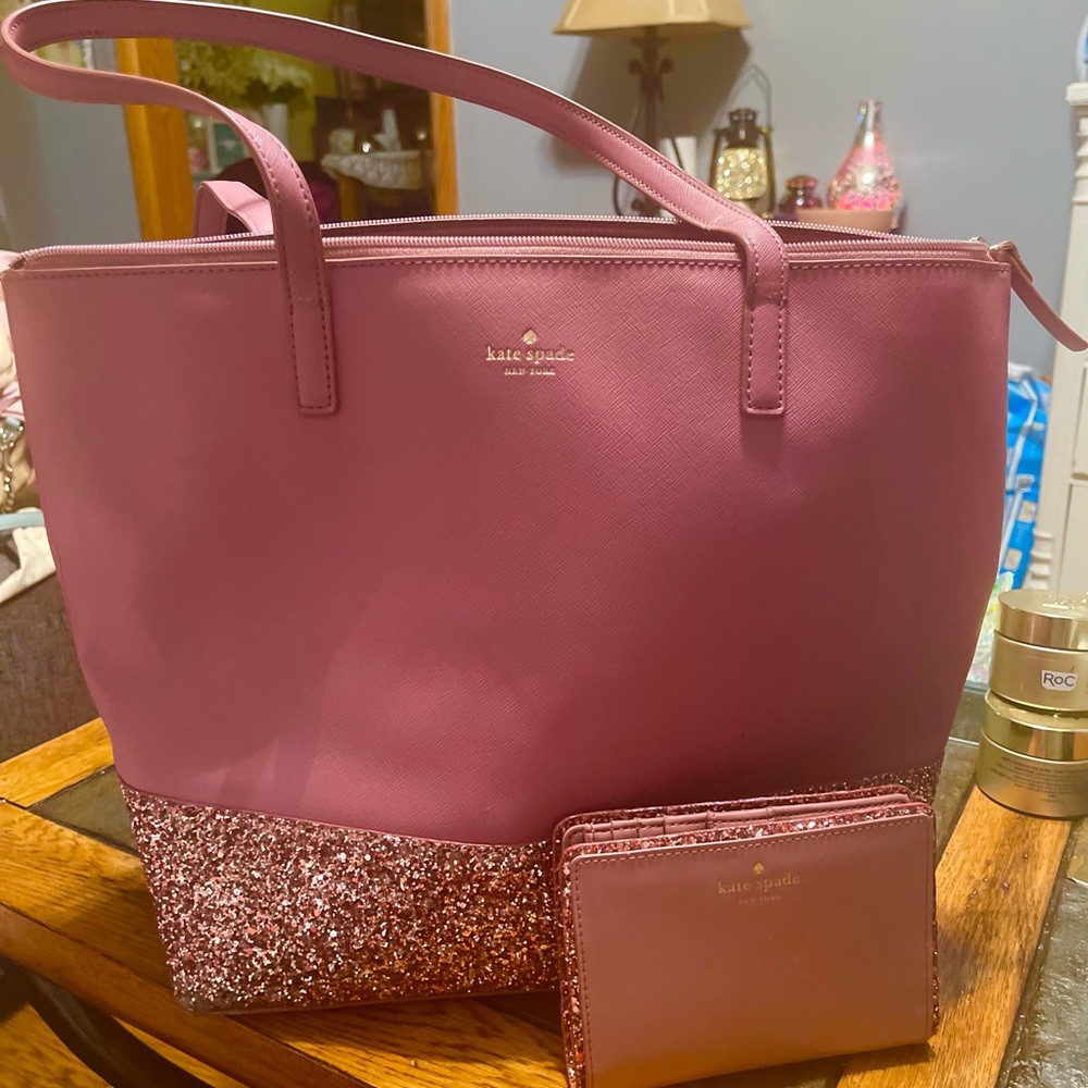 Pink Kate spade purse with sparkles and matching wallet
